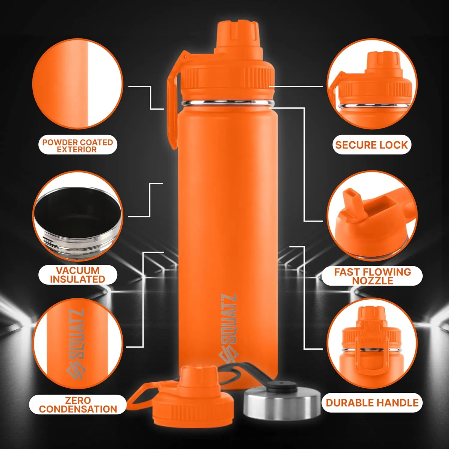 SQUATZ 24 Oz Neptune Series Steel Water Bottle, Stainless Double Wall Vacuum Insulated Flask with Handle Strap, Durable and Elegant Leak Proof Wide Mouth Thermos for Gym, Travel, Hiking, and Camping