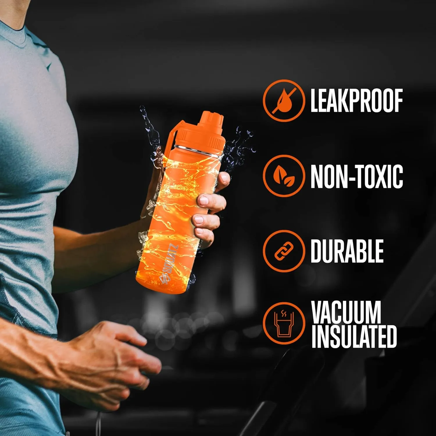 SQUATZ 24 Oz Neptune Series Steel Water Bottle, Stainless Double Wall Vacuum Insulated Flask with Handle Strap, Durable and Elegant Leak Proof Wide Mouth Thermos for Gym, Travel, Hiking, and Camping