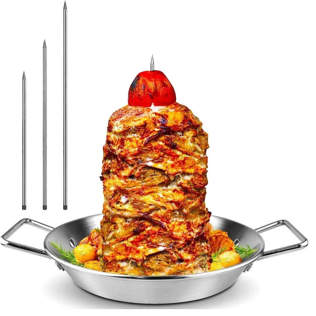 Stainless Steel BBQ Rotisserie Pan Kit Accessories with 3 Removable Iron Skewers