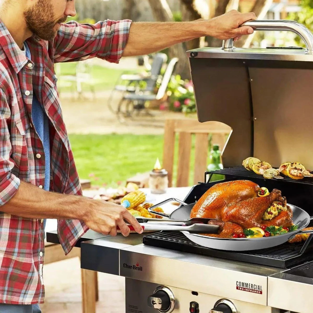 Stainless Steel BBQ Rotisserie Pan Kit Accessories with 3 Removable Iron Skewers