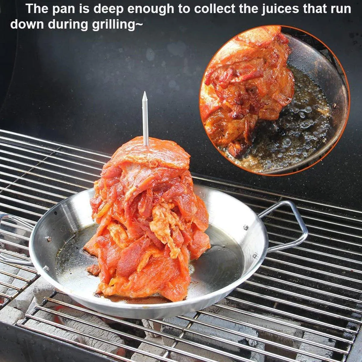 Stainless Steel BBQ Rotisserie Pan Kit Accessories with 3 Removable Iron Skewers