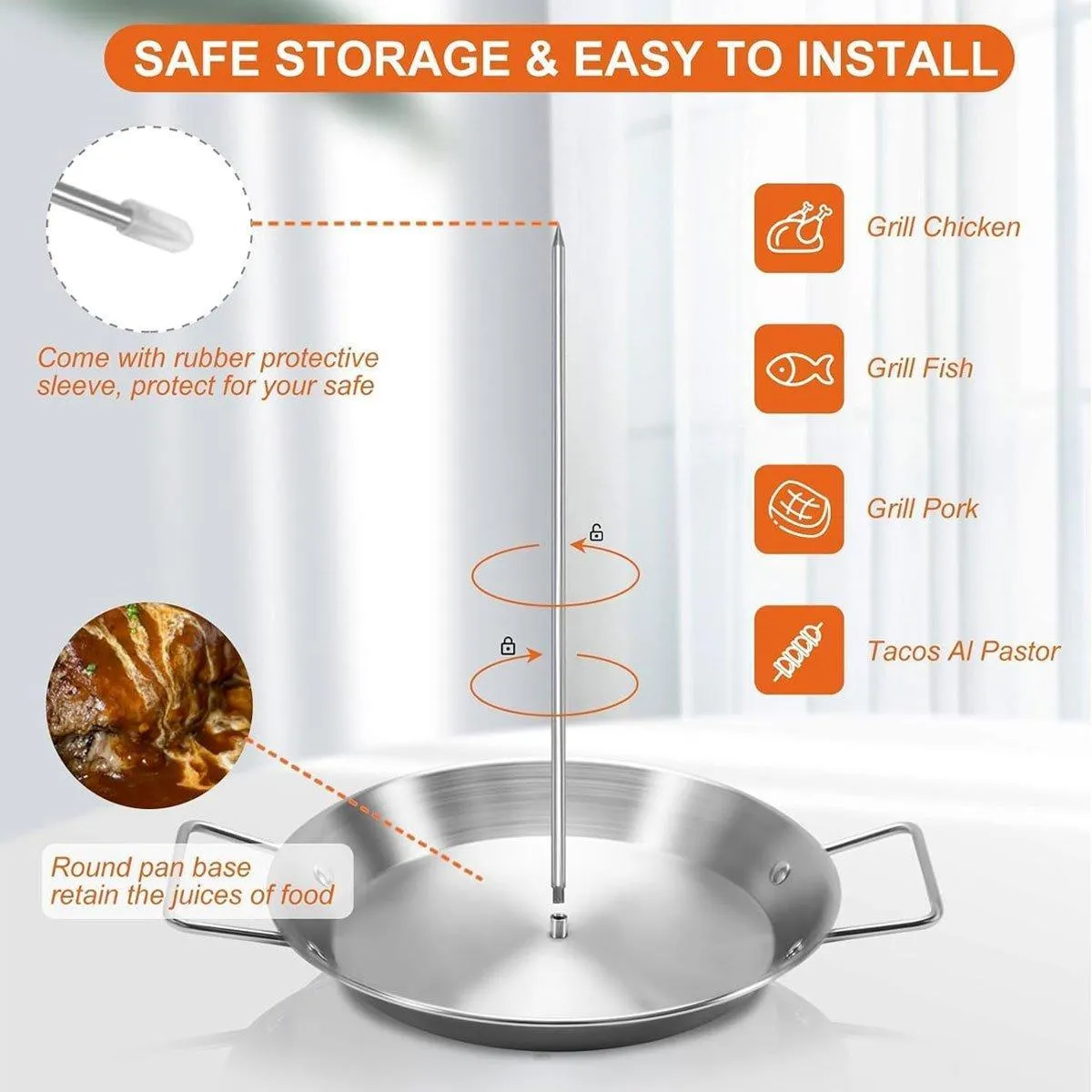 Stainless Steel BBQ Rotisserie Pan Kit Accessories with 3 Removable Iron Skewers