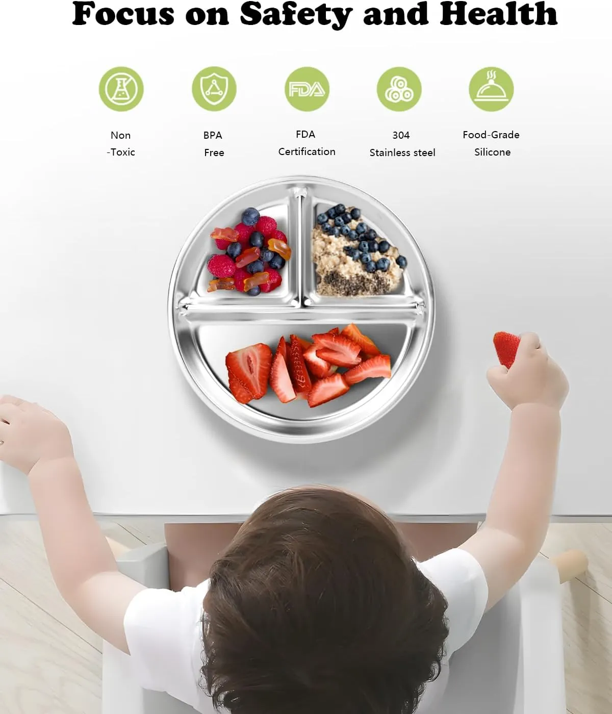 Stainless Steel Kids Plates 4 Packs, 8" Divided Toddlers Portion Control Plate, Non Toxic & BPA Free |Unbreakable |Dishwasher Safe Baby Snack Dish for Daycare, Restaurant Outings & Travel