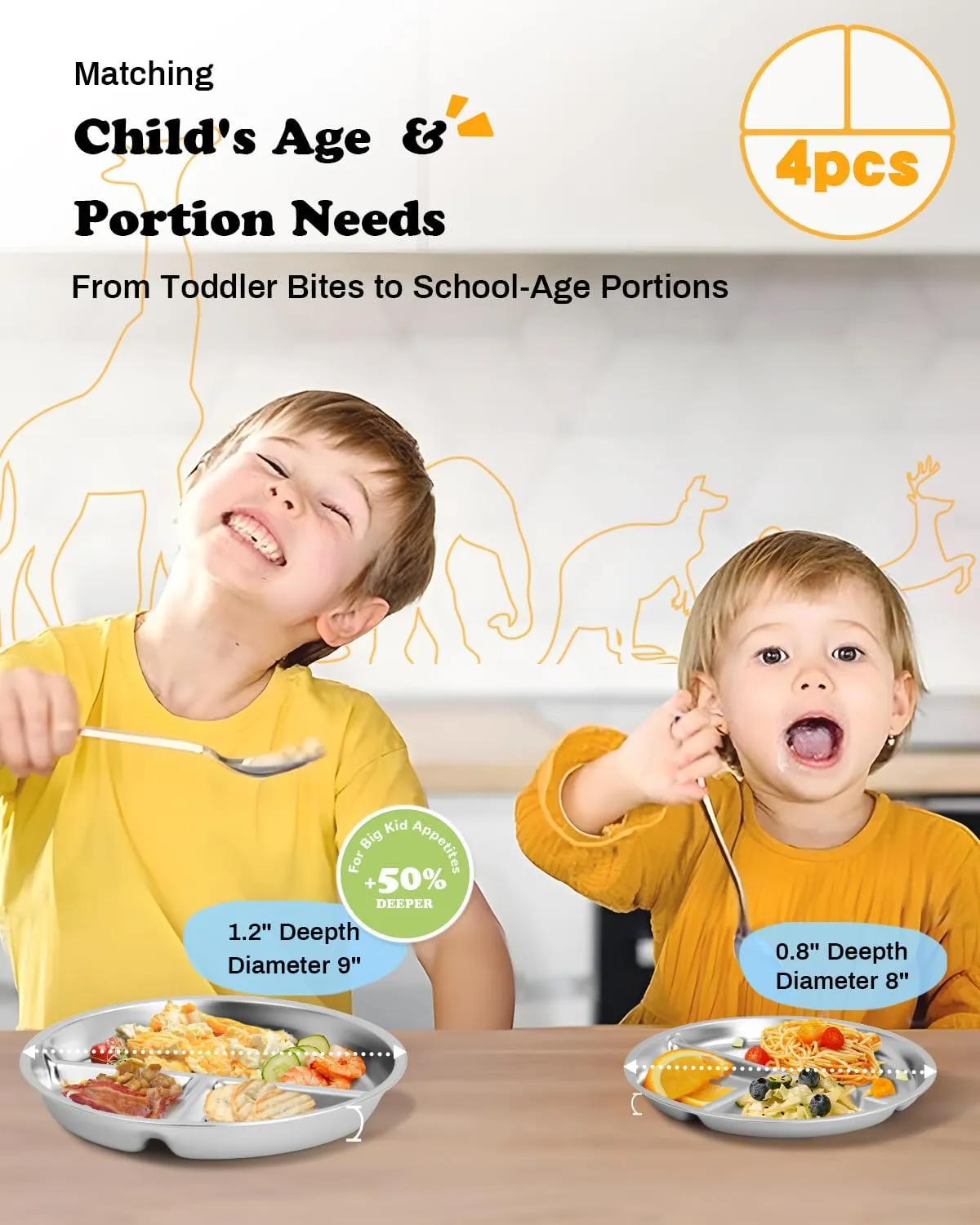 Stainless Steel Kids Plates 4 Packs, 8" Divided Toddlers Portion Control Plate, Non Toxic & BPA Free |Unbreakable |Dishwasher Safe Baby Snack Dish for Daycare, Restaurant Outings & Travel