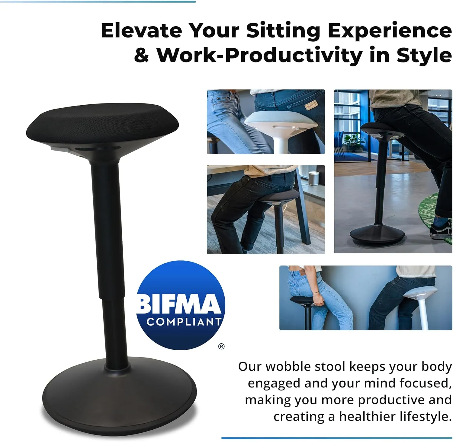 Standing Desk Stool Chair, Height Adjustable Stool 21-31 inch for Office and Classroom, Swivel Stool, Anti-Slip Bottom Ergonomic Wobble Stool with Rocking Motion, Black