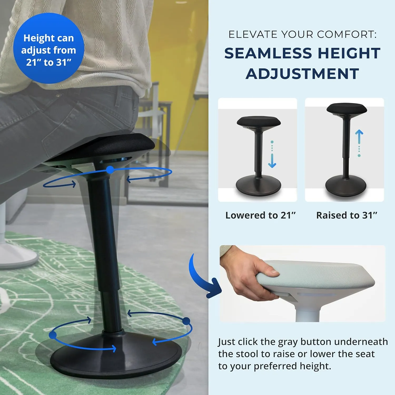 Standing Desk Stool Chair, Height Adjustable Stool 21-31 inch for Office and Classroom, Swivel Stool, Anti-Slip Bottom Ergonomic Wobble Stool with Rocking Motion, Black