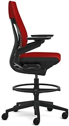 Steelcase Gesture 442 Stool Chair - Black Steelcase Leather, Wrapped Back, Dark on Dark Frame, Wheels for Hard Flooring