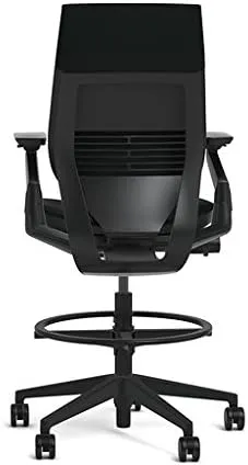 Steelcase Gesture 442 Stool Chair - Black Steelcase Leather, Wrapped Back, Dark on Dark Frame, Wheels for Hard Flooring