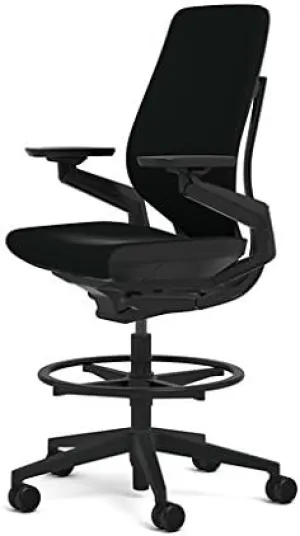 Steelcase Gesture 442 Stool Chair - Black Steelcase Leather, Wrapped Back, Dark on Dark Frame, Wheels for Hard Flooring