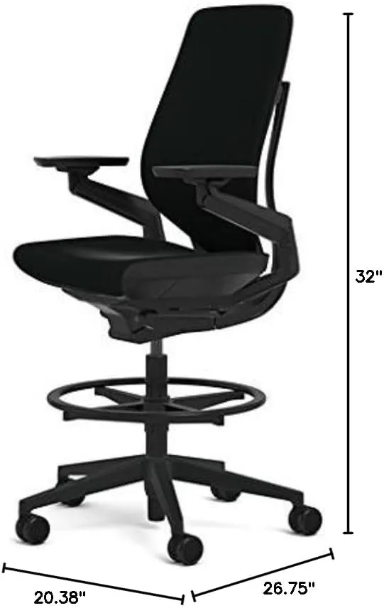 Steelcase Gesture 442 Stool Chair - Black Steelcase Leather, Wrapped Back, Dark on Dark Frame, Wheels for Hard Flooring
