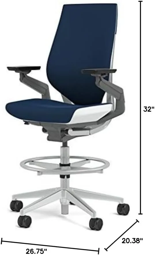 Steelcase Gesture 442 Stool Chair - Cogent: Connect Blueprint Fabric, Shell Back, Light on Light Frame, Wheels for Hard Flooring