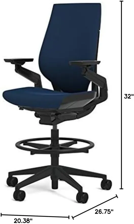Steelcase Gesture 442 Stool Chair - Cogent: Connect Blueprint Fabric, Wrapped Back, Light on Dark Frame, Wheels for Hard Flooring
