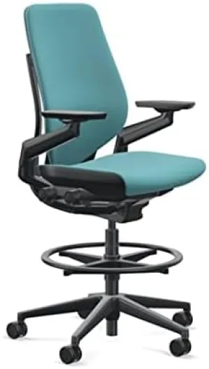 Steelcase Gesture 442 Stool Chair - Cogent: Connect Lagoon Fabric, Wrapped Back, Dark on Dark Frame, Wheels for Hard Flooring