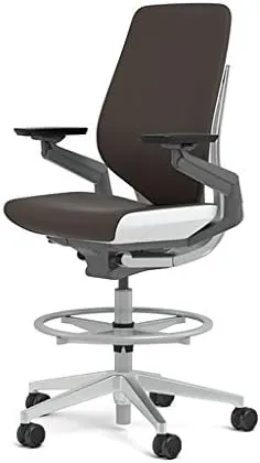 Steelcase Gesture 442 Stool Chair - Espresso Elmosoft Leather, Wrapped Back, Light on Dark Frame, Wheels for Hard Flooring