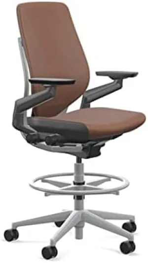Steelcase Gesture 442 Stool Chair - Saddle Elmosoft Leather, Wrapped Back, Light on Light Frame, Wheels for Hard Flooring