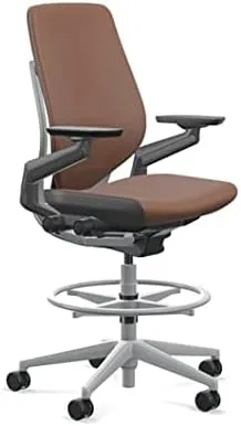 Steelcase Gesture 442 Stool Chair - Saddle Elmosoft Leather, Wrapped Back, Light on Light Frame, Wheels for Hard Flooring