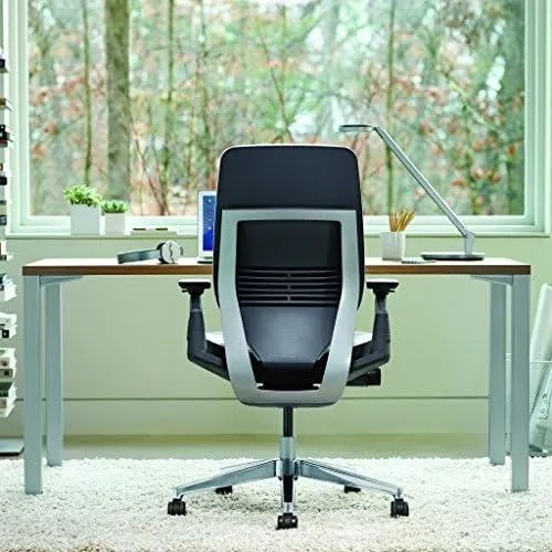 Steelcase Gesture Office Chair - Buzz2 Blue Upholstered Wrapped Back Platinum Metallic Frame Medium Seat Light Seagull Seat/Back Dark Merle Arms (Light/Light) Hard Floor Caster Wheels