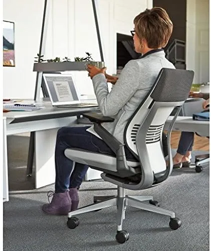 Steelcase Gesture Office Chair - Buzz2 Blue Upholstered Wrapped Back Platinum Metallic Frame Medium Seat Light Seagull Seat/Back Dark Merle Arms (Light/Light) Hard Floor Caster Wheels