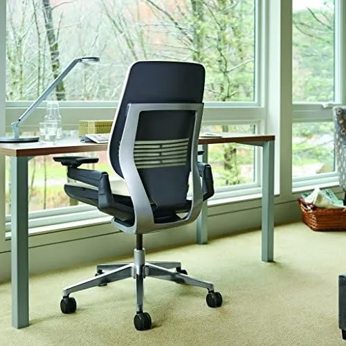 Steelcase Gesture Office Chair - Buzz2 Blue Upholstered Wrapped Back Platinum Metallic Frame Medium Seat Light Seagull Seat/Back Dark Merle Arms (Light/Light) Hard Floor Caster Wheels