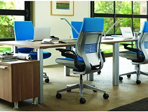 Steelcase Gesture Office Chair - Buzz2 Blue Upholstered Wrapped Back Platinum Metallic Frame Medium Seat Light Seagull Seat/Back Dark Merle Arms (Light/Light) Hard Floor Caster Wheels
