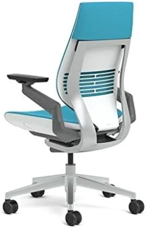 Steelcase Gesture Office Chair - Cogent Connect Blue Jay Upholstered Wrapped Back Platinum Metallic Frame Medium Seat Light Seagull Seat/Back Dark Merle Arms (Light/Light) Hard Floor Caster Wheels