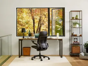 Steelcase Gesture Office Chair - Era Cobalt Fabric, Medium Seat Height, Shell Back, Black on Black Frame, Lumbar Support, and Standard Carpet Casters