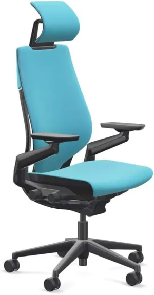 Steelcase Gesture Office Desk Chair with Headrest, Cogent Connect Blue Jjay 5S21 Fabric, High Seat Height, Light on Dark Frame, Lumbar Support, and Standard Carpet Casters