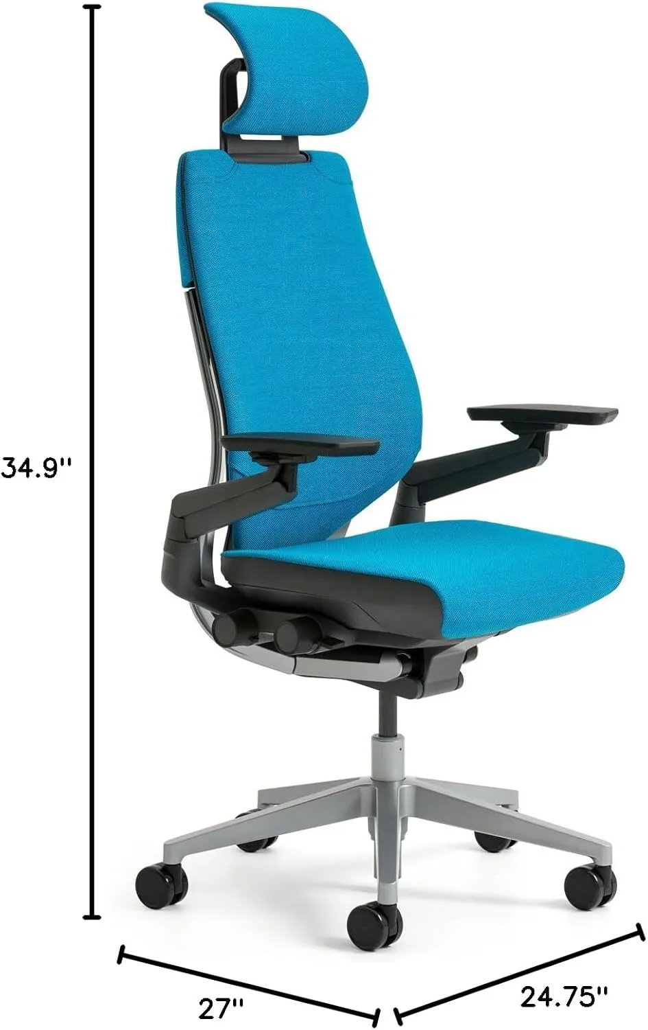 Steelcase Gesture Office Desk Chair with Headrest, Cogent Connect Blue Jjay 5S21 Fabric, Medium Seat Height, Light on Dark Frame, Lumbar Support, and Standard Carpet Casters