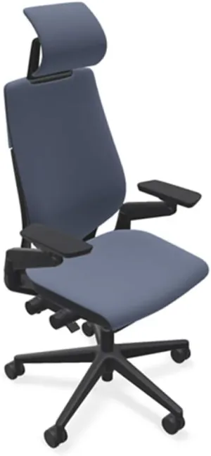 Steelcase Gesture Office Desk Chair with Headrest, Cogent Connect Blueprint Indigo 5S93 Fabric, High Seat Height, Light on Dark Frame, Lumbar Support, and Standard Carpet Casters