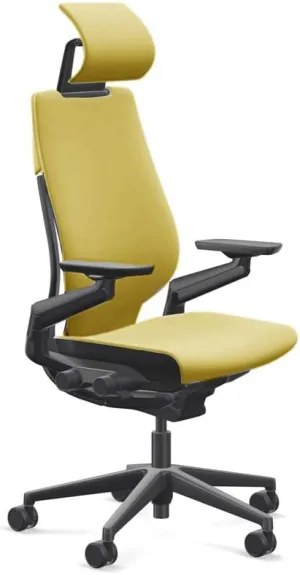 Steelcase Gesture Office Desk Chair with Headrest, Cogent Connect Green Citrine 5SD5 Fabric, Medium Seat Height, Light on Dark Frame, Lumbar Support, and Hard Floor Casters