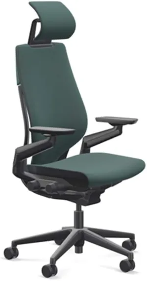 Steelcase Gesture Office Desk Chair with Headrest, Cogent Connect Peacock 5SD2 Fabric, Medium Seat Height, Light on Dark Frame, Lumbar Support, and Hard Floor Casters