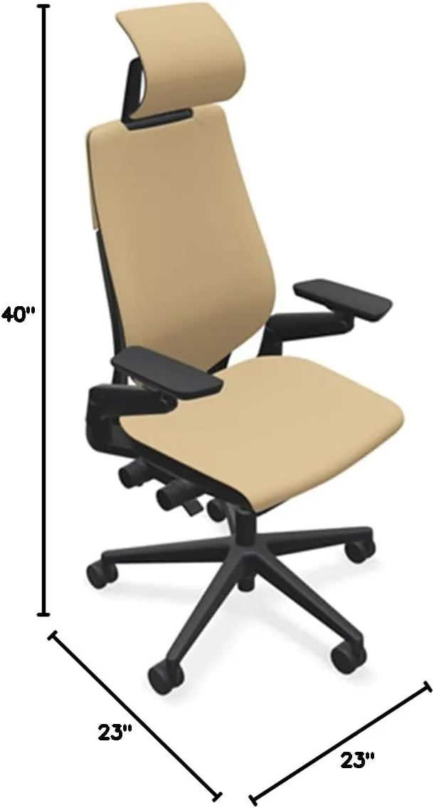 Steelcase Gesture Office Desk Chair with Headrest in Elmosoft Genuine Chamois L144 Leather Plus Lumbar Support Black Frame