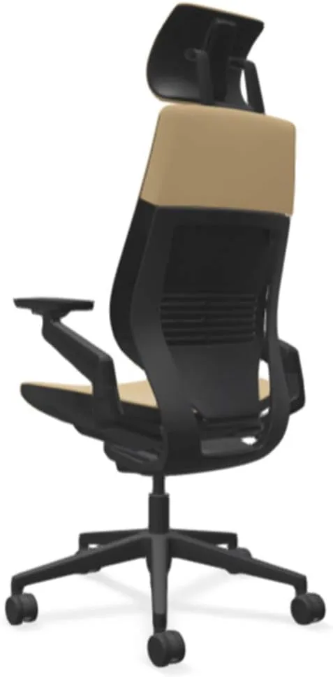 Steelcase Gesture Office Desk Chair with Headrest in Elmosoft Genuine Chamois L144 Leather Plus Lumbar Support Black Frame