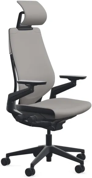 Steelcase Gesture Office Desk Chair with Headrest in Elmosoft Genuine Dove Grey L115 Leather Plus Lumbar Support High Black Frame wth Soft Hard Floor Casters