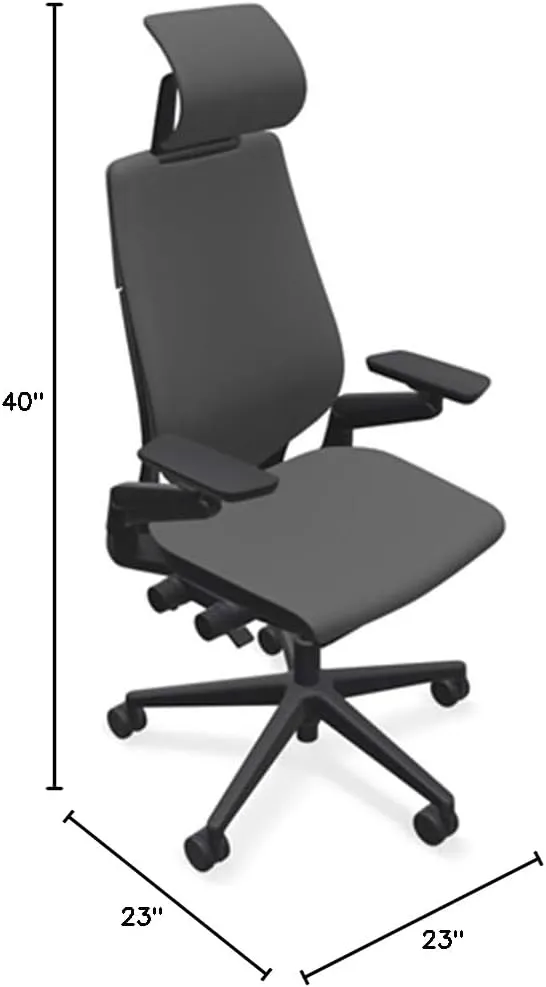 Steelcase Gesture Office Desk Chair with Headrest in Elmosoft Genuine Gunmetal L113 Leather Plus Lumbar Support High Black Frame wth Soft Hard Floor Casters