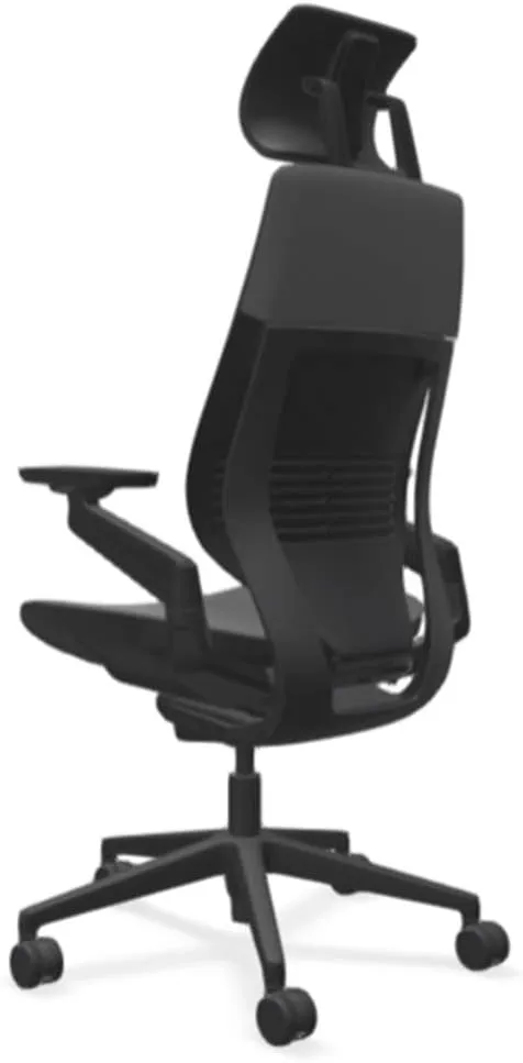 Steelcase Gesture Office Desk Chair with Headrest in Elmosoft Genuine Gunmetal L113 Leather Plus Lumbar Support High Black Frame wth Soft Hard Floor Casters