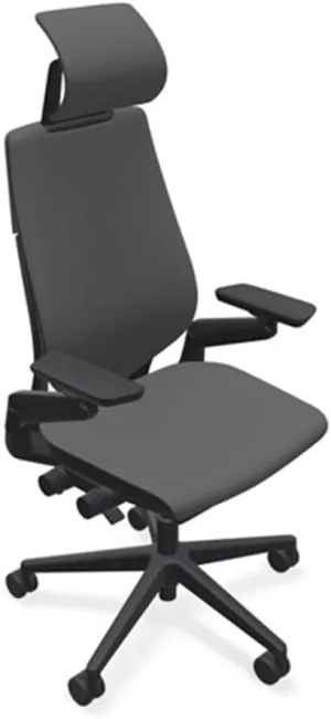 Steelcase Gesture Office Desk Chair with Headrest in Elmosoft Genuine Gunmetal L113 Leather Plus Lumbar Support High Black Frame wth Soft Hard Floor Casters