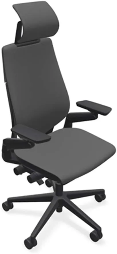 Steelcase Gesture Office Desk Chair with Headrest in Elmosoft Genuine Gunmetal L113 Leather Plus Lumbar Support High Black Frame wth Soft Hard Floor Casters