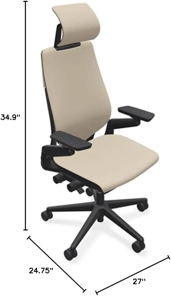 Steelcase Gesture Office Desk Chair with Headrest in Elmosoft Genuine Mica L114 Leather Plus Lumbar Support High Black Frame wth Soft Hard Floor Casters