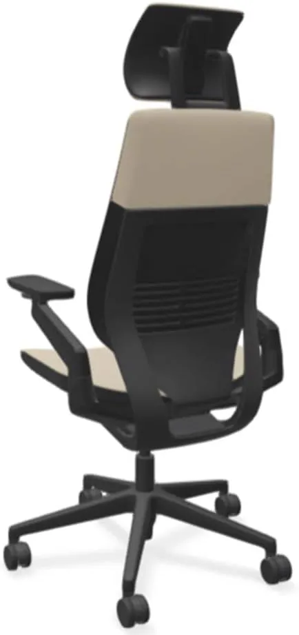 Steelcase Gesture Office Desk Chair with Headrest in Elmosoft Genuine Mica L114 Leather Plus Lumbar Support High Black Frame wth Soft Hard Floor Casters