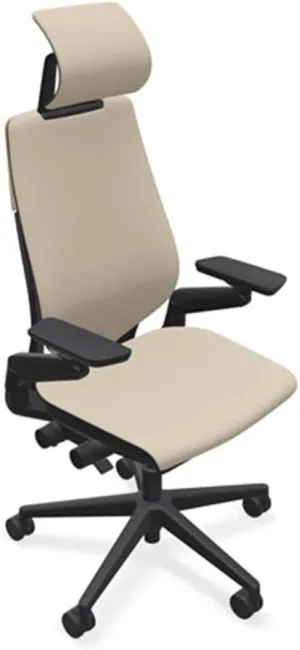 Steelcase Gesture Office Desk Chair with Headrest in Elmosoft Genuine Mica L114 Leather Plus Lumbar Support High Black Frame wth Soft Hard Floor Casters
