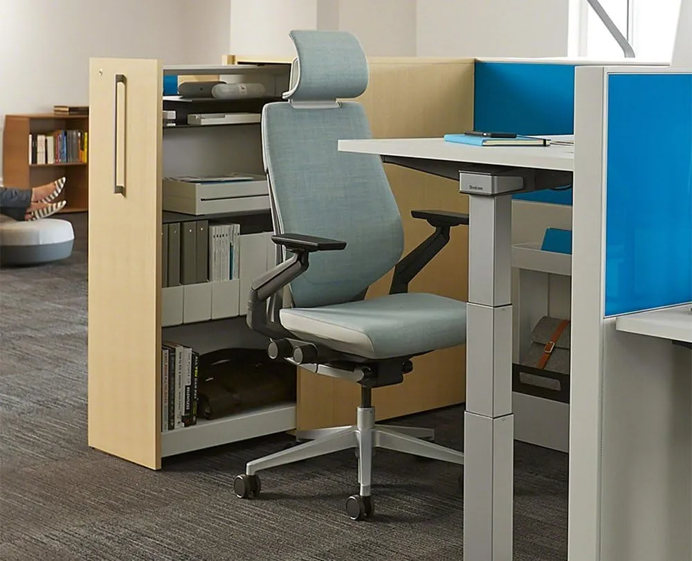 Steelcase Gesture Office Desk Chair with Headrest Plus Lumbar Support Bo Peep Blue Bonnet Fabric High Platinum Metallic Frame (Light/Light) Hard Floor Casters