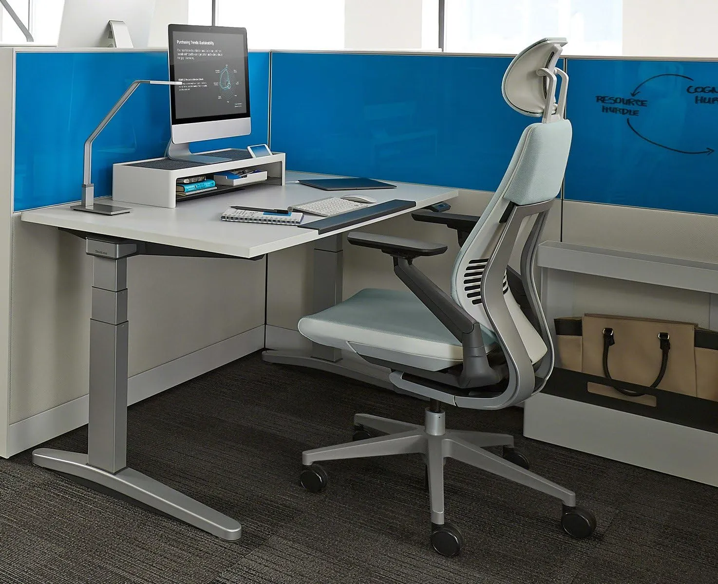 Steelcase Gesture Office Desk Chair with Headrest Plus Lumbar Support Bo Peep Blue Bonnet Fabric High Platinum Metallic Frame (Light/Light) Hard Floor Casters
