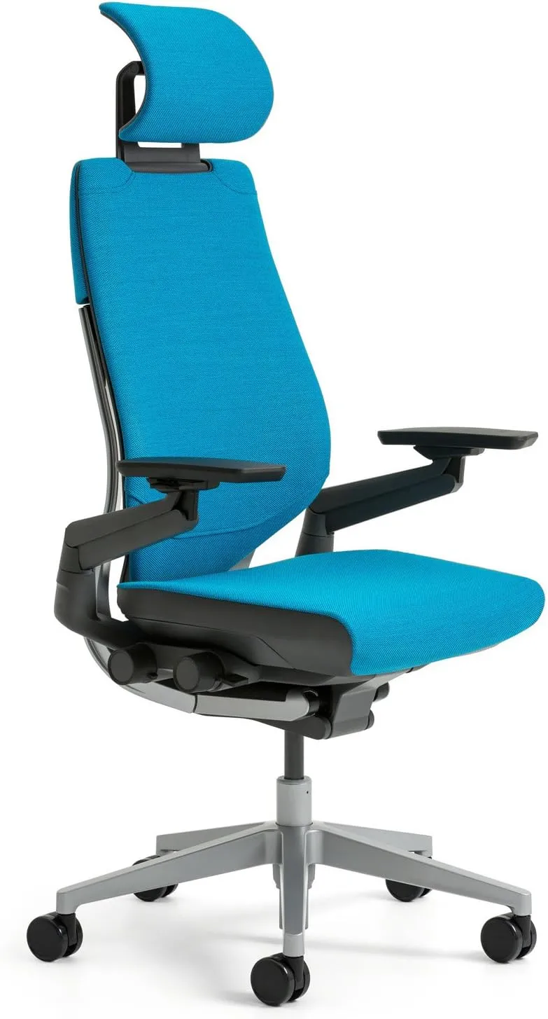 Steelcase Gesture Office Desk Task Chair with Headrest Plus Lumbar Support Cogent Connect Blue Jay Fabric Low Platinum Light Frame (Light/Light)