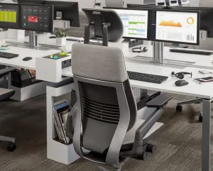 Steelcase Gesture Office Desk Task Chair with Headrest Plus Lumbar Support Cogent Connect Blue Jay Fabric Low Platinum Light Frame (Light/Light)