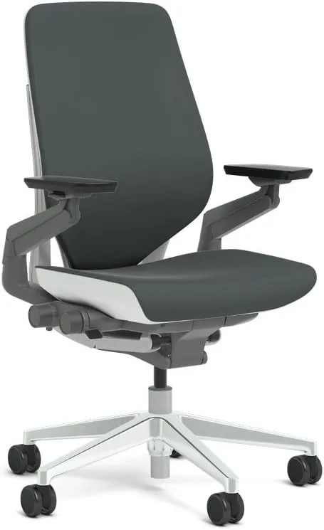 Steelcase Gesture Task Chair: Shell Back - Platinum Metallic Frame with Polished Aluminum Base - Adjustable Lumbar Support - Glides (Graphite)