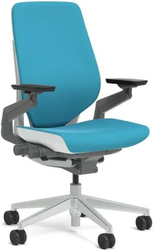 Steelcase Gesture Task Chair: Shell Back - Platinum Metallic Frame/Base/Seagull Accent - Adjustable Lumbar Support - Roll Control Hard Floor Casters