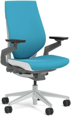 Steelcase Gesture Task Chair: Wrapped Back - Platinum Metallic Frame - Adjustable Lumbar Support - Glides (Blue Jay)