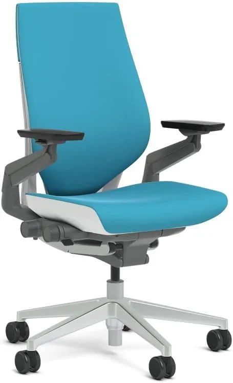 Steelcase Gesture Task Chair: Wrapped Back - Platinum Metallic Frame - Adjustable Lumbar Support - Glides (Blue Jay)