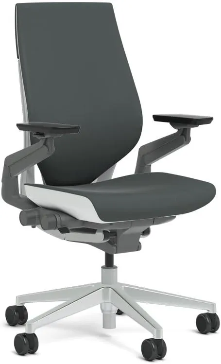 Steelcase Gesture Task Chair: Wrapped Back - Platinum Metallic Frame/Base/Seagull Accent - Adjustable Lumbar Support - Roll Control Hard Floor Casters